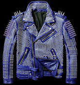 Men Blue Full Silver Studded Brando Biker Cowhide Leather Belted Jacket